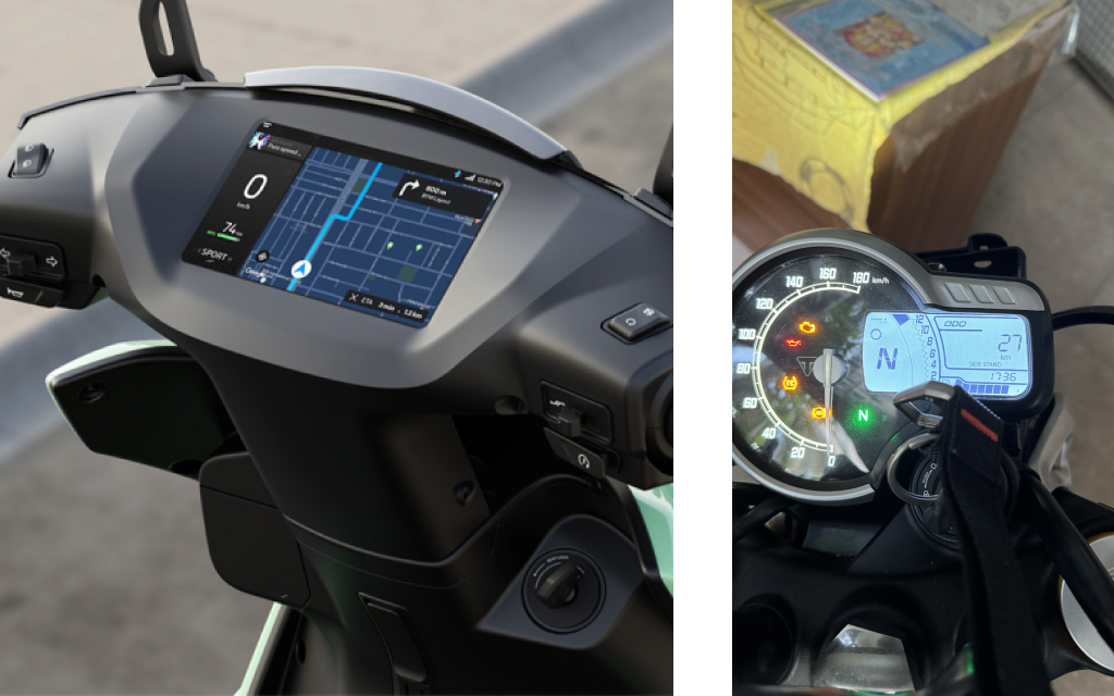 A digital dash on Ather vs the analog on most ICE motorcycles